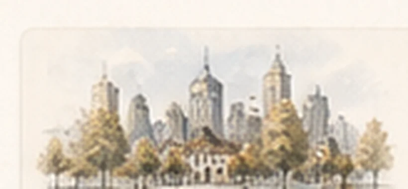Aquarelle d'une grande ville : immeubles hauts derrière une rangée d'arbres