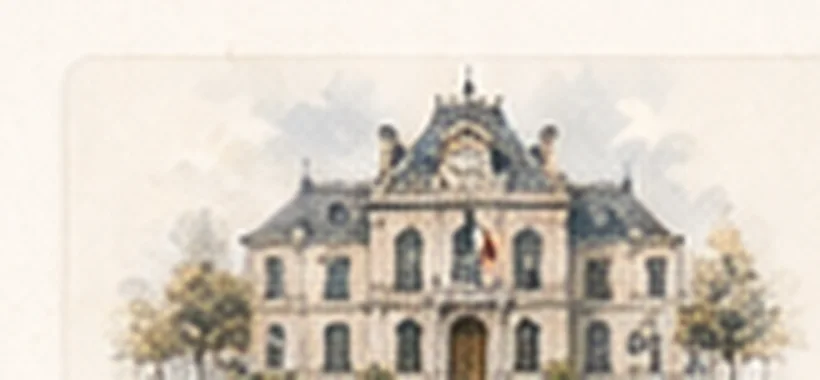 Aquarelle d'un hôtel de ville de bourg avec son parvis arboré