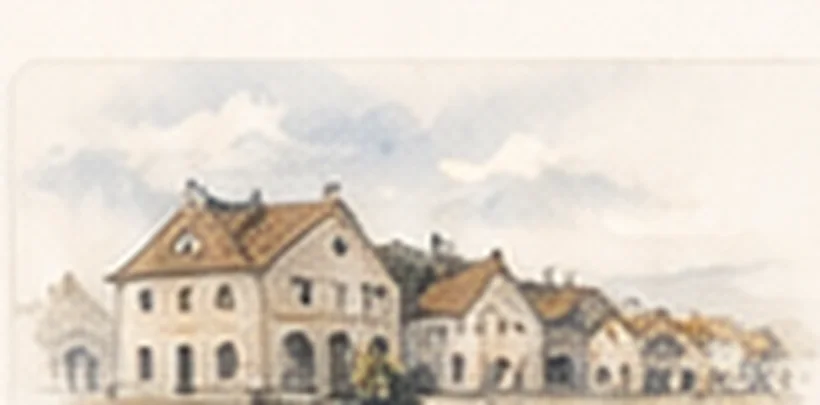 Aquarelle d'un village : maisons de pierre alignées le long d'une rue